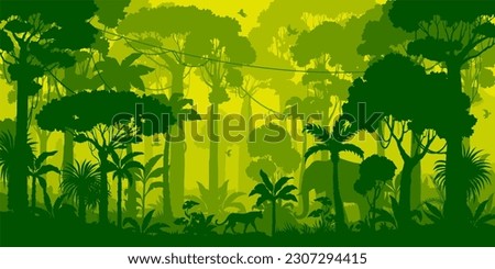 Jungle forest silhouette, rainforest background. Amazon forest scenery, african or Brazil jungle environment vector backdrop, wallpaper with palm trees, lianas, jaguar and elephant animals silhouettes