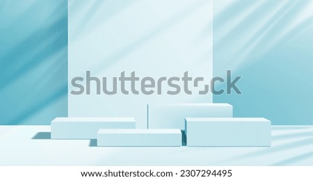 Blue podium platforms, 3d realistic vector square multiple pedestals mockup for cosmetic product presentations in minimalistic modern design. Professional showcase for marketing and branding events