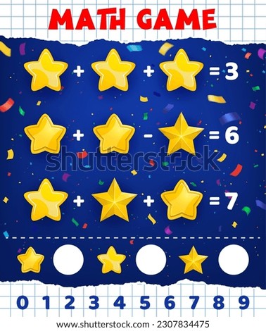 Math game worksheet, cartoon golden yellow stars, vector kids mathematical quiz. Education puzzle or math game for counting and calculation with numbers addition and subtraction with golden stars