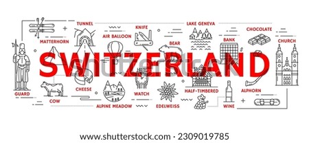 Switzerland travel icons. Europe vacation travel, Switzerland landmarks outline vector banner with ski, lake Geneva, guard and church, bear, half-timbered house, air balloon and tunnel, Swiss knife