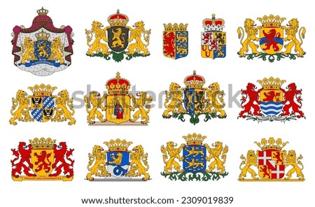 Netherlands coat of arms, provinces heraldic emblems and dutch heraldry, vector blazons. Netherlands provinces coat of arms or official heraldic symbols with lions and monarch crown on shields