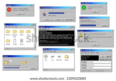Vintage PC software windows, retro computer interface message boxes, vector background. Vintage PC screen of file folders on disk, system error popup message and browser loading bars with buttons