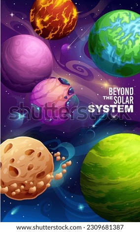 Cartoon galaxy space poster with planets of solar system, vector background. Space exploration and galaxy spaceflight adventure to alien extraterrestrial planets, fantasy world galactic sky