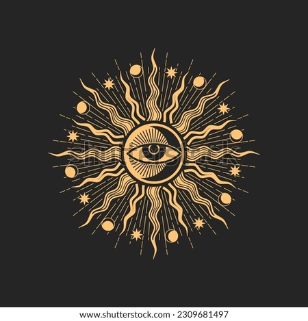 Sun and eye esoteric occult pentagram, magic tarot sign. All-seeing eye, moon crescents, stars and radiant rays inside of circle. Vector spiritual magic emblem, isolated alchemy, wicca or pagan symbol