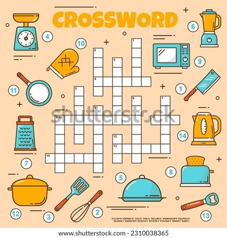 Kitchenware and utensil crossword grid worksheet. Find a word quiz game. Vector knife, whisk, spatula, scales and cloche. Blender, grater or toaster, microwave, mitten, pan, pot, opener and kettle