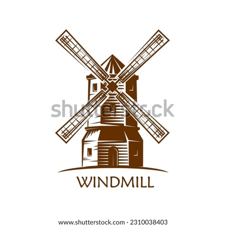Windmill icon, sketch symbol. Bakehouse, wheat and barley farm or travel agency hand drawn vector sign of village old mill. Grocery store or food product market engraved symbol with antique windmill