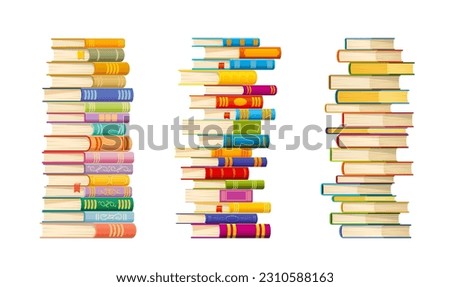 High books stacks and piles. Vector school library books, student textbooks, dictionaries and encyclopedias piles. Bookstore bestsellers, color hardcover novels and poetry literature heaps, education