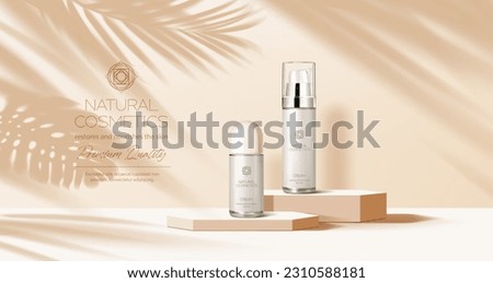Light beige or brown podium with cosmetics mockup. Deodorant or perfume container promo display podium, luxury cosmetics promotion platform composition realistic vector background with leaves shadows