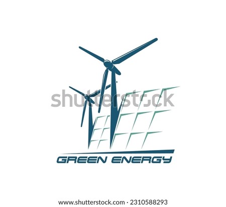 Wind turbine and solar panel icon, green energy and power generation, vector electric windmill. Sustainable energy production technology icon of wind mill turbines and solar panel for eco power