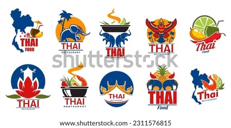 Thai cuisine icons, Thailand restaurant. Vector asian food isolated symbols with elephants, thai map and spicy dishes, rice pots, shrimp soup tom yum, coconut, mango and hot chilli peppers