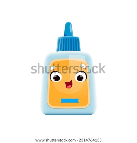 Cartoon glue, school character or mascot, back to school stationery supply, vector kids education. Cute funny happy cartoon bottle of glue, school education kawaii emoji or emoticon with face smile