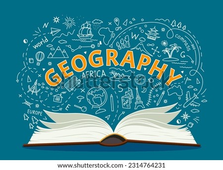 Geography textbook and symbols of education on school book, vector chalkboard background. Geography open textbook with chalk doodle of world landmarks and earth globe for student school study