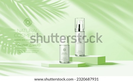 Light green podium with cosmetics. Vector background with natural moisturizing cosmetic product bottles. Cream and repellent jars on stand and palm leaves shadow on wall. Face or skin care advertising