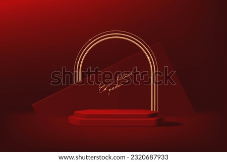 Red podium with golden arch, realistic 3d platform or pedestal mockup for showcasing cosmetics during presentation. Vector background for promoting professional luxury beauty or skincare products