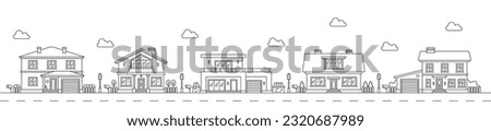 Neighborhood line art outline village or town house buildings. City residential area buildings cityscape, town real estate property dwelling panoramic view outline vector concept or background