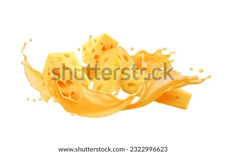 Drip and melt cheese with splash. Isolated 3d vector slices with liquid yellow sauce. Mouthwatering and indulgent experience evokes the irresistible allure of dripping and melting cheese with splatter