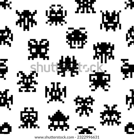 Arcade game pixel monster seamless pattern, retro 8 bit cartoon alien creatures, vector background. Video game pixel art of 8bit monsters or robot creatures and cosmic devil or bizarre characters