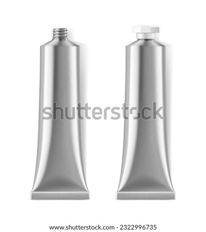 Realistic metal silver paint tube or cosmetic package isolated 3d vector mockup. Container with plastic cap and reflective durable surface for storing and dispensing artistic or beauty products