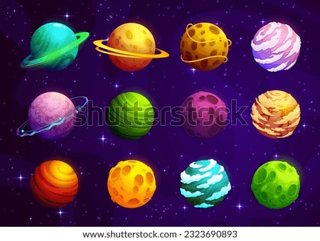 Cartoon aline fantasy space planets of galaxy world game, vector elements. Space asteroids and stars, earth and moon planets with craters, galaxy universe or cosmos satellite planets with saturn rings