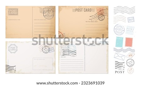 Antique postcards, retro postage stamps and vintage mail. Old paper post card or letter vector templates with blank address frame border lines, grunge postage stamps and post office postmarks