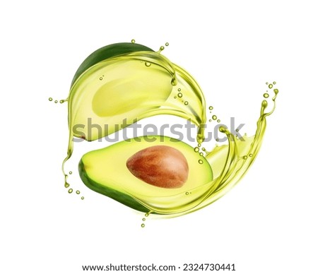 Avocado oil splash and splatters. Isolated 3d vector realistic fruit with liquid flow captured in mid-air motion, bring a burst of freshness and vibrancy, creating dynamic visual effect