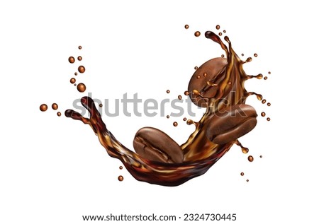 Liquid coffee drink splash with beans. Isolated realistic 3d vector energetic brown splatter with roasted grains, capturing the essence of a rich and invigorating aromatic beverage indulgence