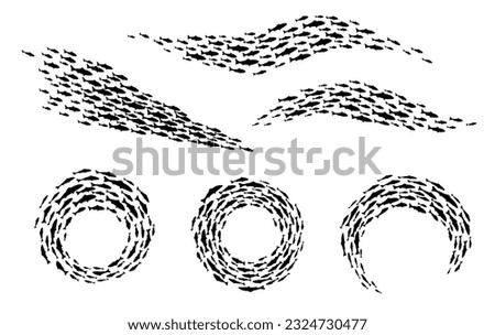 Fish shoal silhouettes, ocean or sea marine fishes school, vector background. Tuna, salmon or herring fish shoals swimming in water by groups in circle or wave, many small fishes school in silhouettes