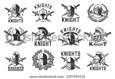 Knight warrior helmets heraldry, vector heraldic gladiator armor emblems of Spartan, Roman or Greek, Trojan Sparta soldier Medieval helmets with crossed swords and plumage in heraldic laurel wreath