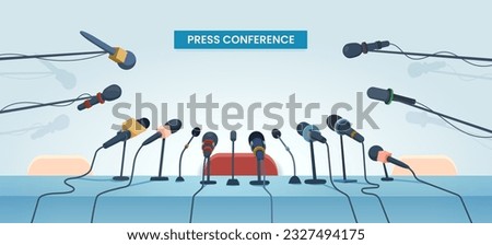 Press conference interview table and microphones. Vector public or mass media event for tv and radio journalists, interview, news report, politics debate or presentation. Cartoon press conference room