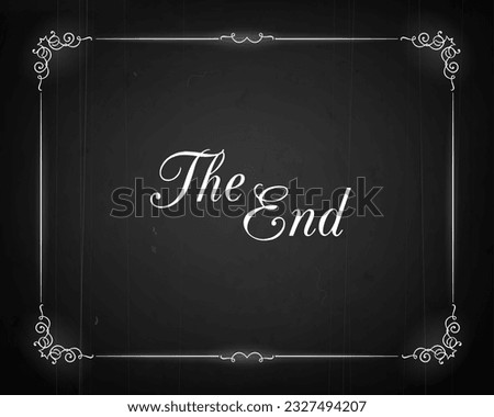 Silent movie cinema film end screen with vintage borders, vector background. Hollywood cinema and retro movie theater The End screen with frame, grunge black poster of silent movie film ending