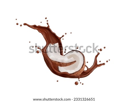 Realistic chocolate milk wave splash and coconut. Hot cacao drink, melted chocolate dessert or yogurt realistic vector splay splatters frozen motion. Cocktail wave 3d swirl droplets with coconut half