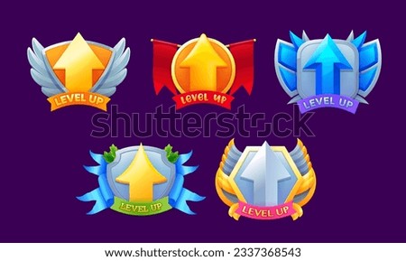 Game level up badges and win icons. Vector bonuses, rank reward emblems set with golden and silver raising arrows, wings and shield. Winner evaluation ui or gui app user interface, rating achievement
