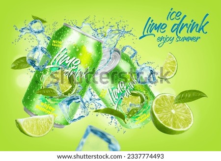 Ice lime drink can. Lime fruit, water splash, tea leaves and ice cubes creating a perfect balance of flavors and a cooling sensation. Refreshing beverage promising a cool and zesty summer experience