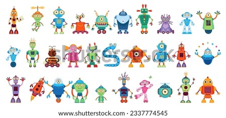 Cartoon robot droid characters, android cyborgs and robotic transformers, vector toys. Funny retro robots and mechanic droids and electronic bots with cute faces on wheels with display faces