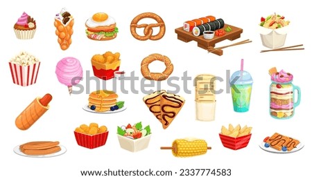 Cartoon fast food snacks, desserts, sandwiches, drinks and pastry, vector icons. Hot dog, pancake crepe and sushi, milkshake and popcorn with bubble waffles, chicken and corn grill for fast food menu