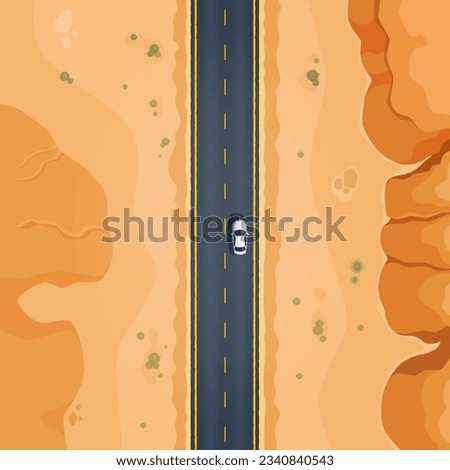 Desert road top view of car driving through the deserted area with dry land, rocks and cacti along asphalted highway. Vector landscape of highway and automobile travel in africa, arizona or mexico