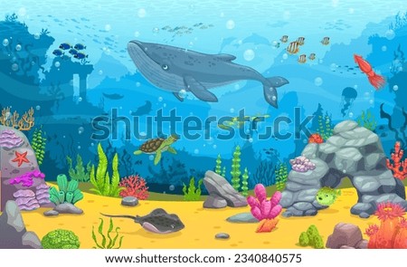 Cartoon underwater landscape. Blue whale, fish shoals and sea animals between seaweeds. Vector background for game or wallpaper with turtle, stingray, puffer fish and squid at seafloor with ruins