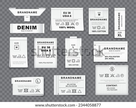 Realistic textile cloth wash labels, tags and badges, vector fabric laundry instructions. Textile clothes labels for material content, cotton dry washing care, clothing brand and size information tags
