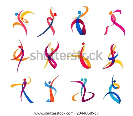 Dance movement, sport and yoga people icons, vector body silhouettes in fitness exercise. Gym, wellness studio and athletic training symbols of people body in color curve ribbon lines in sport dance