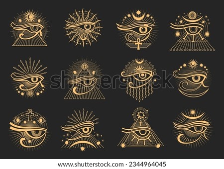 Horus eye. Egyptian occult and esoteric magic symbols. Horus eye astrology symbol, witchcraft ritual signs set. Egyptian god all seeing eye occult or alchemy vector seal with ankh, pyramid and moon