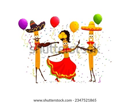 Mexican tex mex churros characters on holiday party. Vector funny mariachi musicians and dancer food personages bring festive cheer with their delicious cinnamon-sugar treats and vibrant costumes
