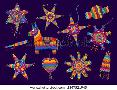 Cartoon mexican holiday pinatas. Vector set of popular decorative items in shape of donkey, star or heart, filled with candies and toys and are fun tradition during festivities and party celebrations Сток-фото © 