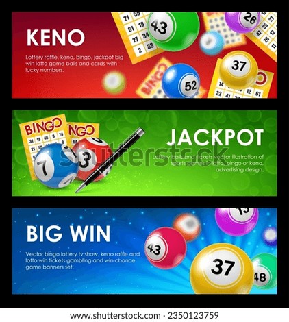 Bingo and keno lottery balls, tickets. Gamble lucky bet, gambling lottery fortune chance or keno game jackpot win vector background. Casino lotto opportunity banners with bingo tickets and balls