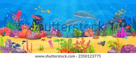 Banner or arcade game level with sea underwater animals and seaweeds ocean landscape. Cartoon vector background with bright undersea biodiversity, dolphins, octopus, jellyfish and starfish on seafloor