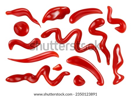 Realistic tomato ketchup drops, spills and splashes, stains, smears and spatter. Realistic 3d vector red sauce splats and smears isolated set. Condiment and spice blobs, sour vegetable catsup paste