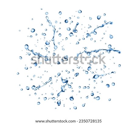 Realistic rain blue water drops and splatters. Realistic 3d vector small translucent droplets formed when water condenses or falls. They shimmer, cling, create ripples, refreshing and reflecting light