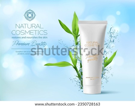 Realistic water cosmetics. Water splash and moisturizing or micellar cream tube with bamboo leaves, creating a soothing and eco-friendly skincare experience. Vector background with 3d cosmetic package