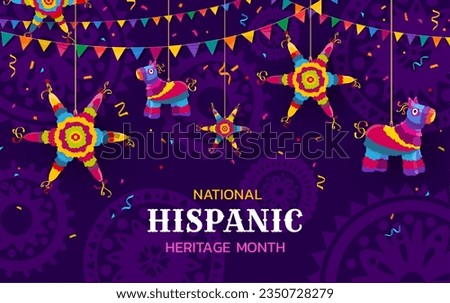 Holiday pinatas on national hispanic heritage month festival banner. Vector vibrant cultural event promo background with colorful stars, donkey, flag garlands and confetti on purple patterned backdrop Сток-фото © 