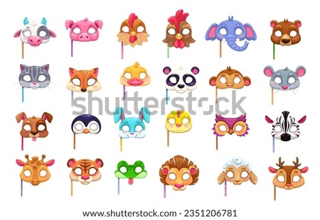 Cartoon carnival party animal masks. Vector cow, pig, chicken and rooster. Elephant, bear, cat and fox with duck or panda. Monkey, mouse, dog and penguin with rabbit or chick. Owl, zebra, giraffe