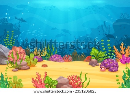 Game level underwater landscape with sea or ocean fishes and animals, vector cartoon background. Undersea coral reef dolphins, shark or turtle and seashells in deep ocean or sea water for game level